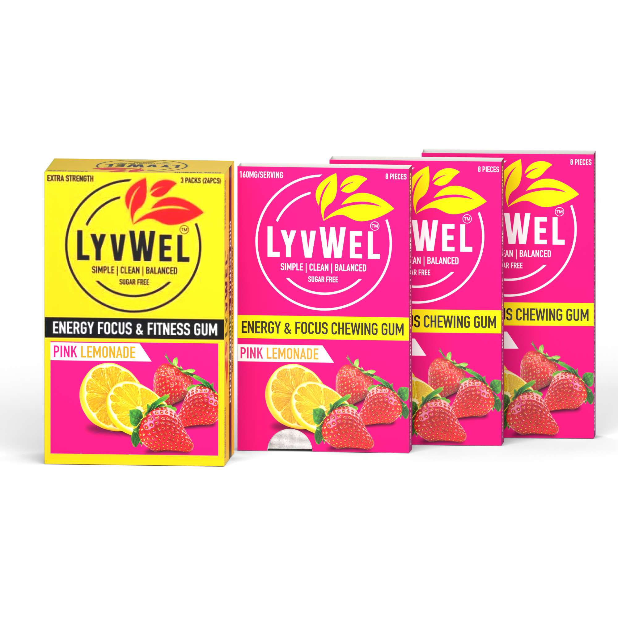 LyvWel Pink Lemonade three-pack carton with three eight-piece sleeves, 24 pieces total