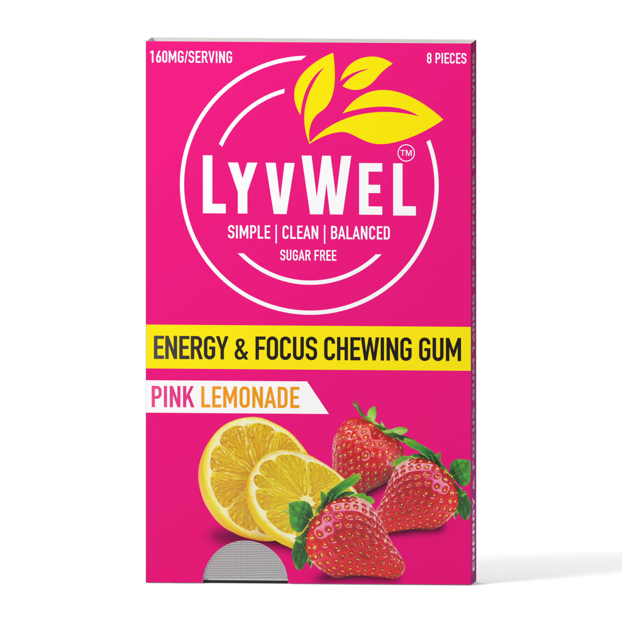 LyvWel Pink Lemonade energy gum eight-piece sleeve, refreshed packaging, 160mg caffeine per two pieces