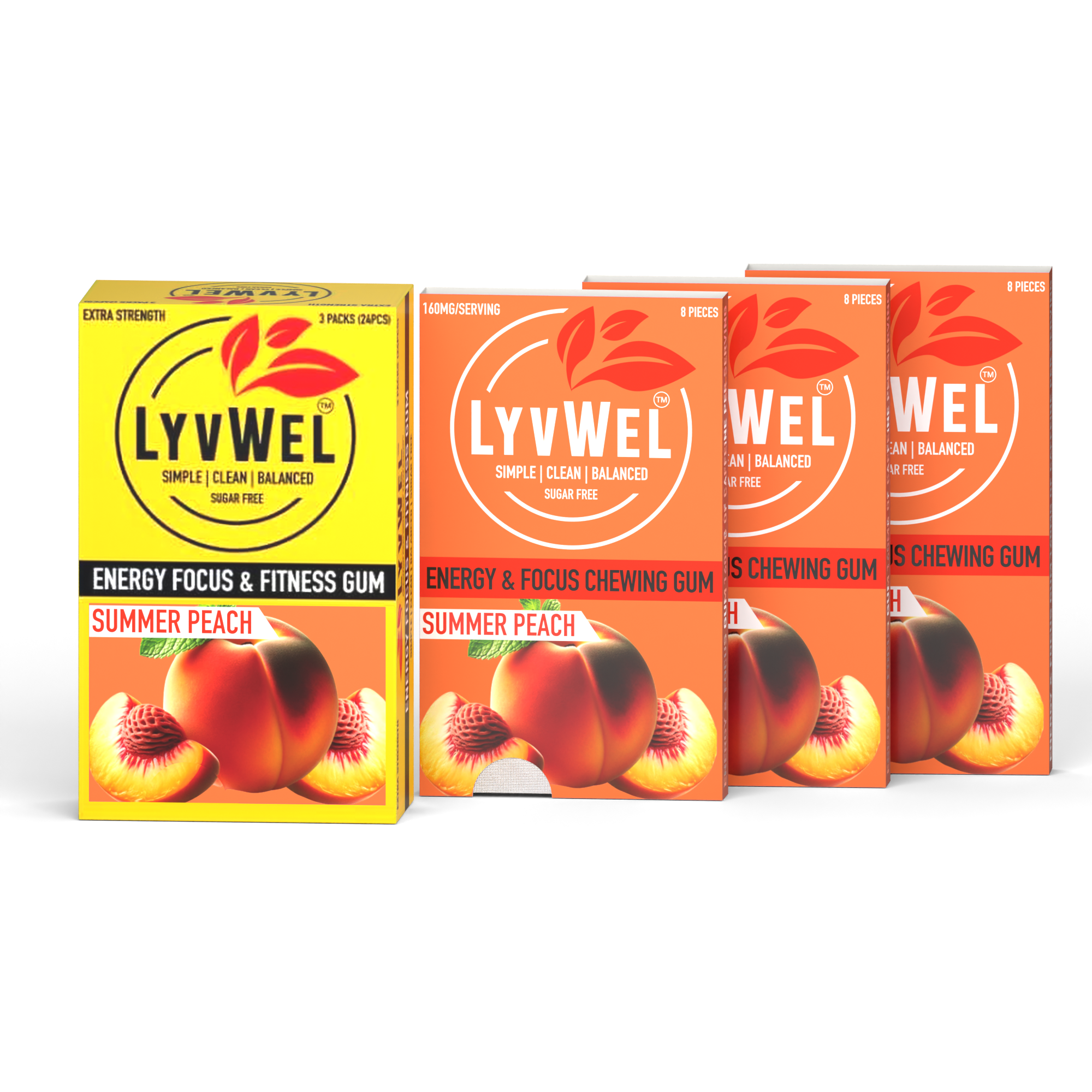 LyvWel Summer Peach three-pack carton with three eight-piece sleeves, 24 pieces total