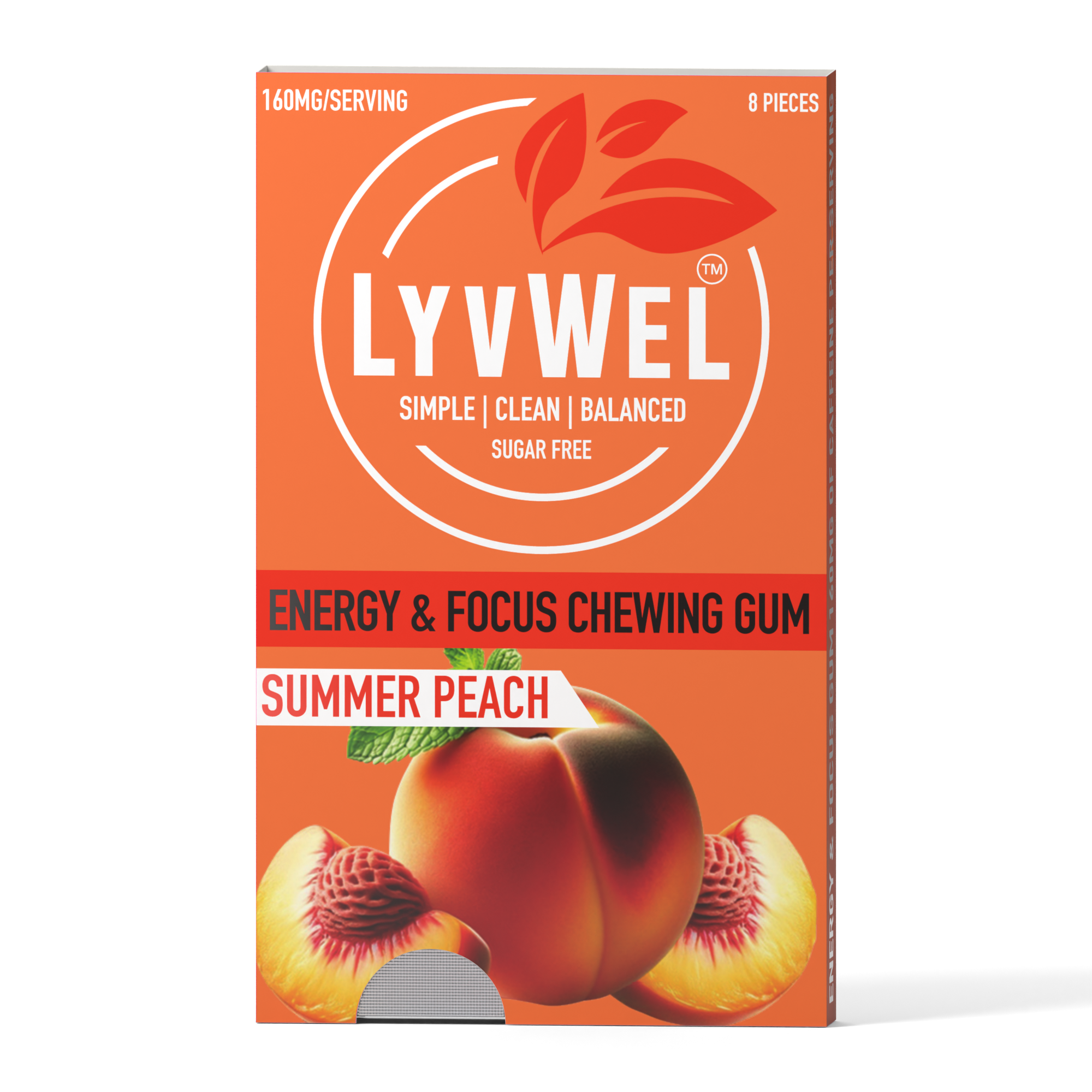 LyvWel Summer Peach energy gum eight-piece sleeve, refreshed packaging, 160mg caffeine per two pieces