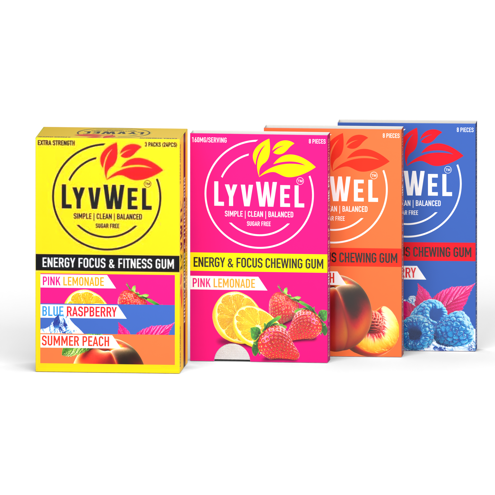 LyvWel Pink Lemonade, Blue Raspberry and Summer Peach three-pack carton with three eight-piece sleeves, 24 pieces total