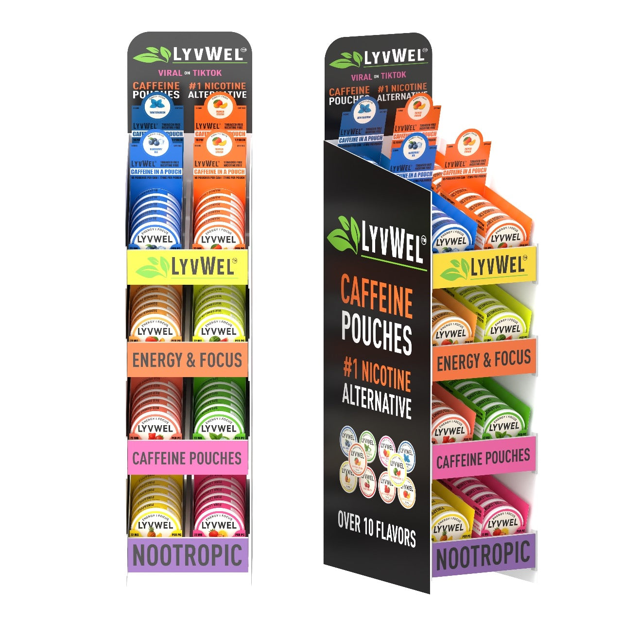 LyvWel four-tier retail display stocked with caffeine pouch cans