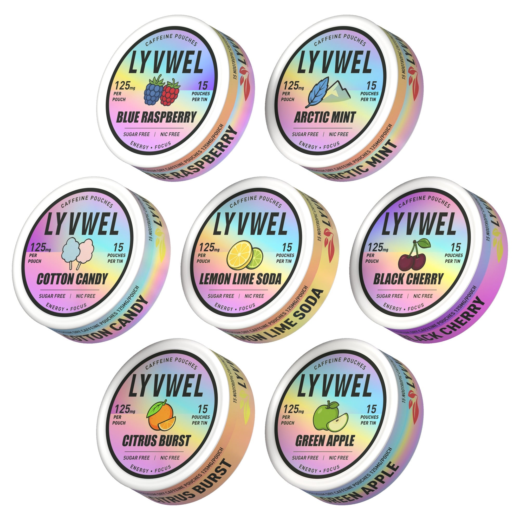 LyvWel 125mg blue-raspberry, arctic-mint, cotton-candy, lemon-lime-soda, black-cherry, citrus-burst, green-apple 7 cans