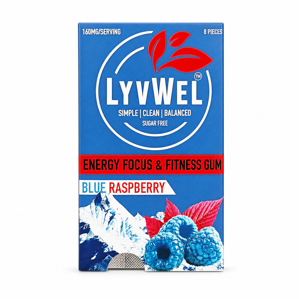 LyvWel Blue Raspberry 160mg caffeine per serving energy gum single pack on pure white