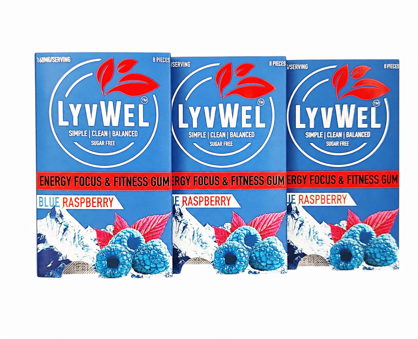 LyvWel Blue Raspberry 160mg caffeine per serving energy gum three pack on pure white