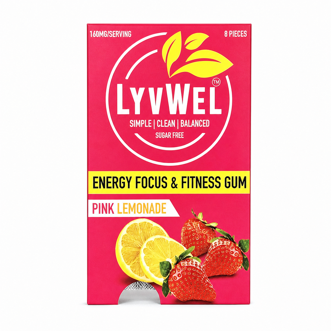 LyvWel Pink Lemonade 160mg caffeine per serving energy gum single pack on pure white