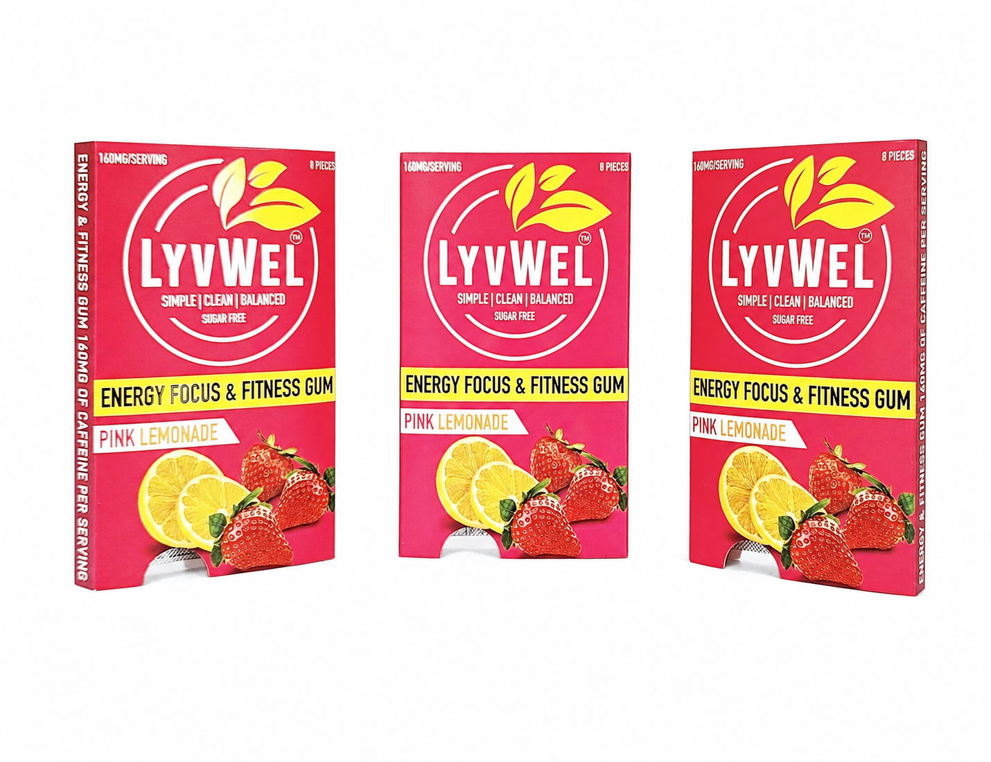 LyvWel Pink Lemonade 160mg caffeine per serving energy gum three pack on pure white
