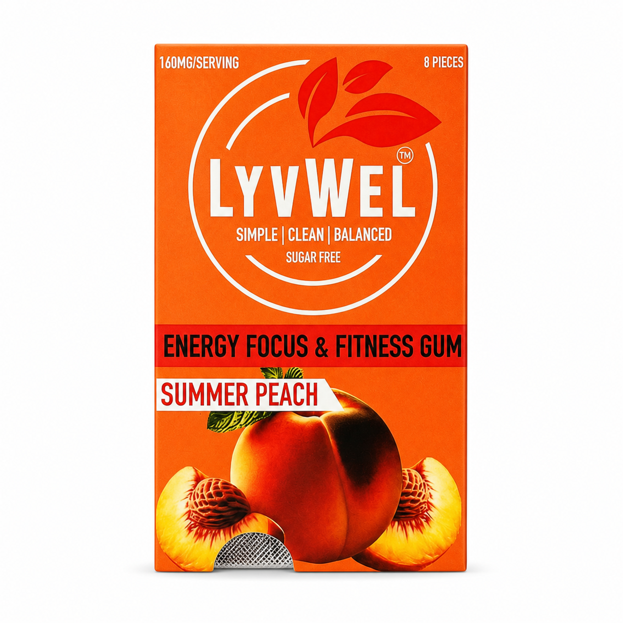 LyvWel Summer Peach 160mg caffeine per serving energy gum single pack on pure white