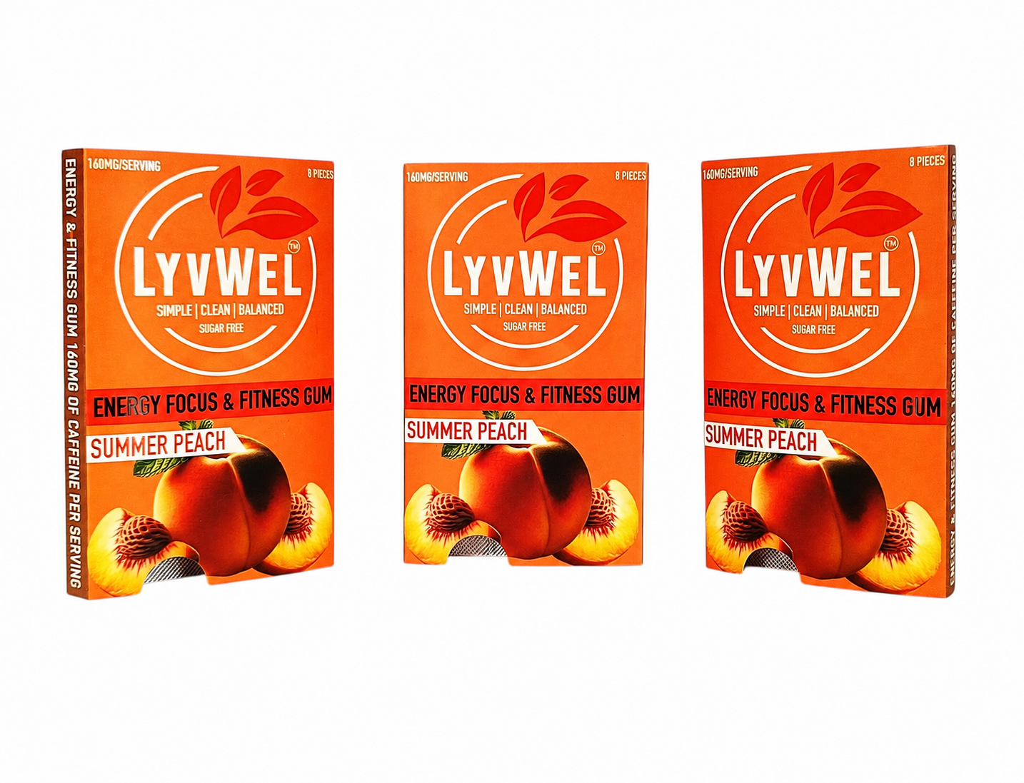 LyvWel Summer Peach 160mg caffeine per serving energy gum three pack on pure white