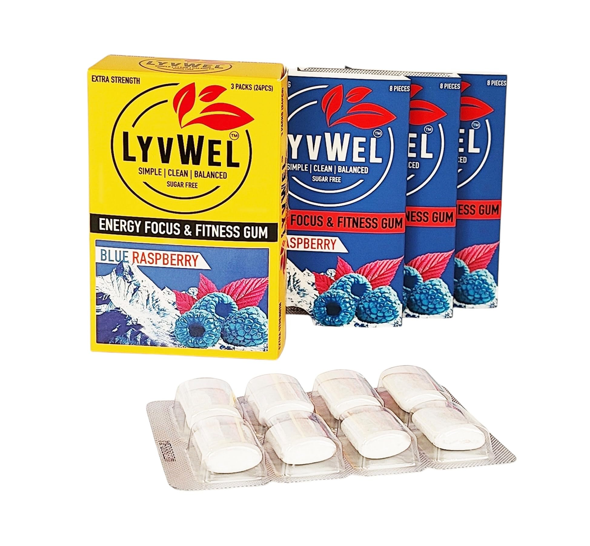 LyvWel Blue Raspberry energy gum three pack with opened blister trays