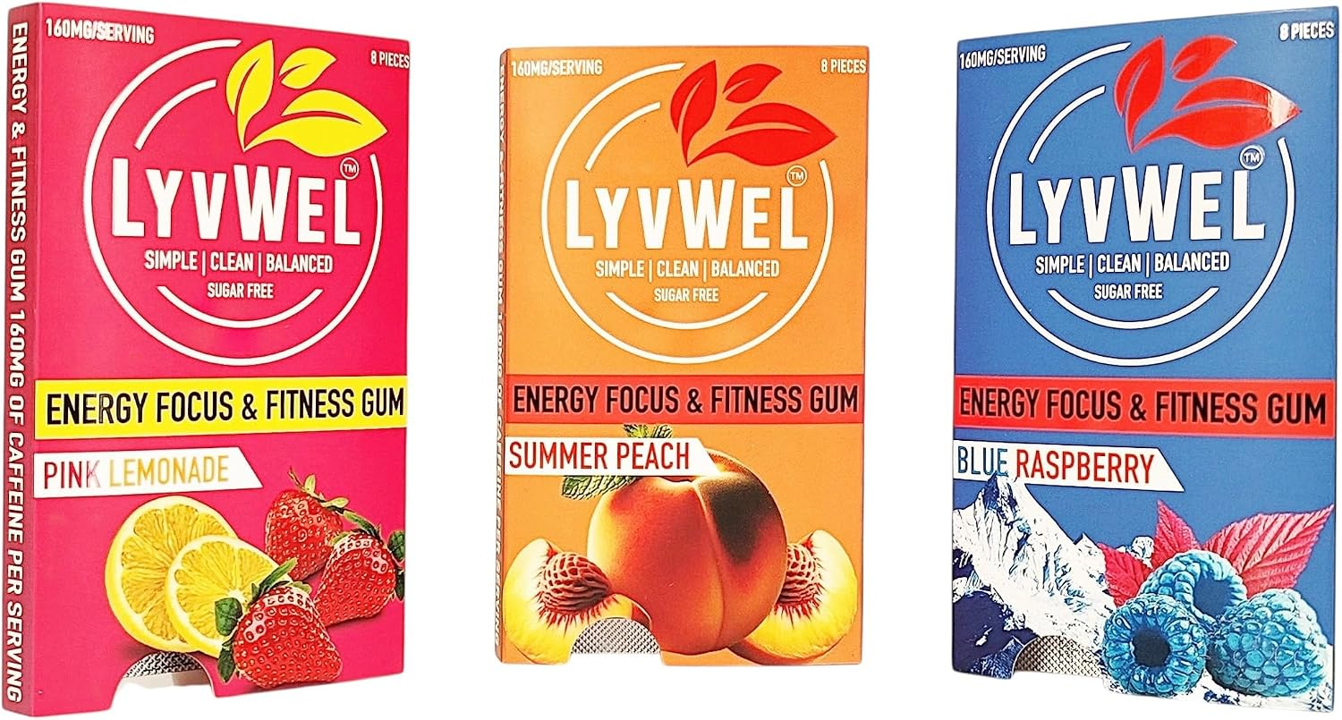 LyvWel new energy gum Pink Lemonade, Summer Peach and Blue Raspberry packs