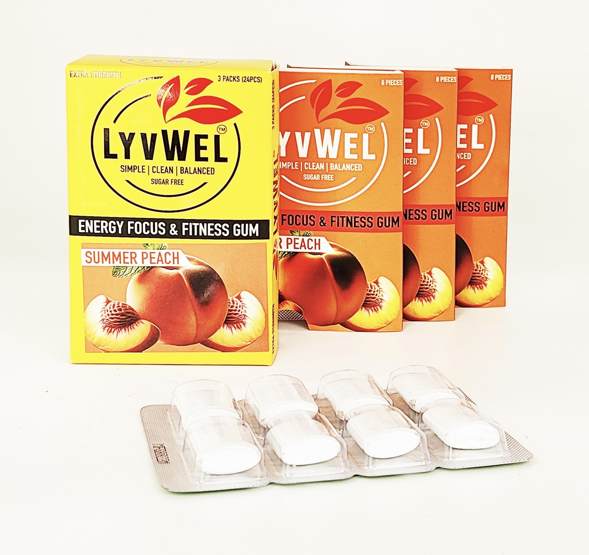 LyvWel Summer Peach energy gum three pack with opened blister trays