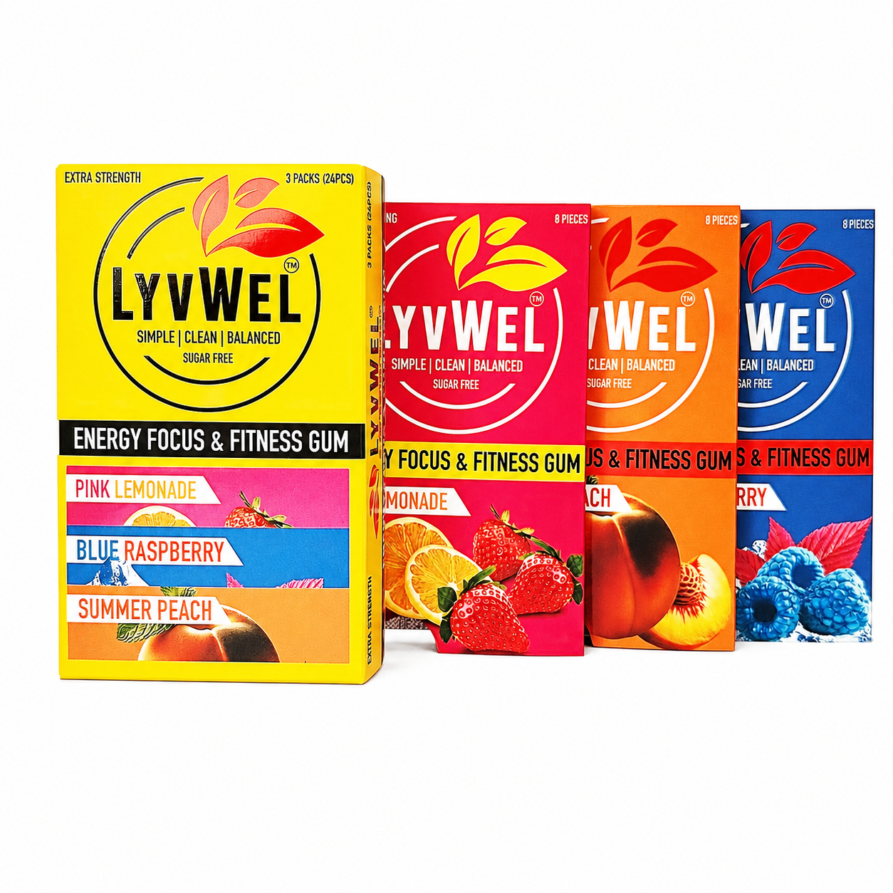 LyvWel new gum variety three pack with Pink Lemonade, Summer Peach and Blue Raspberry