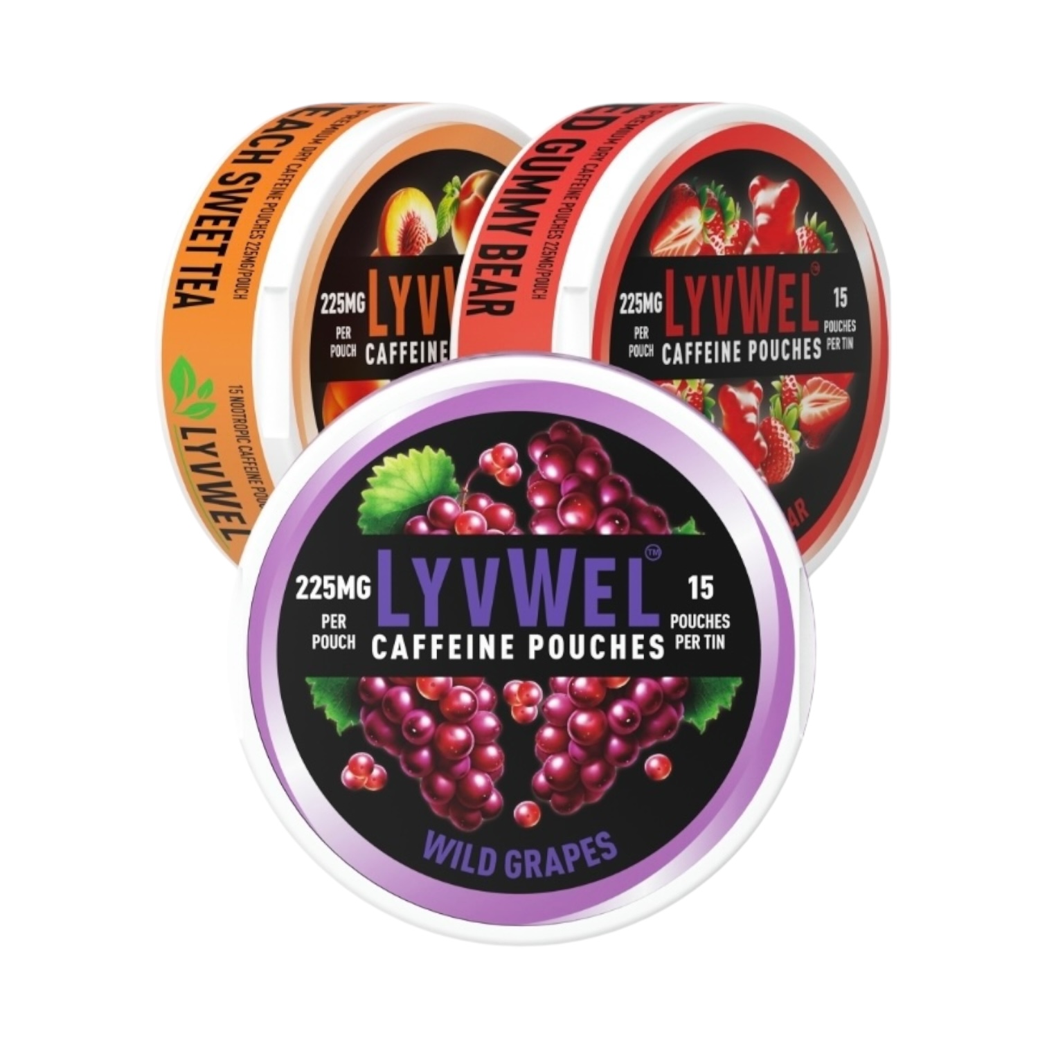 225mg Variety 3-Pack Grape, Peach, Red gummy 45 pouches Caffeine Upper Energy decky