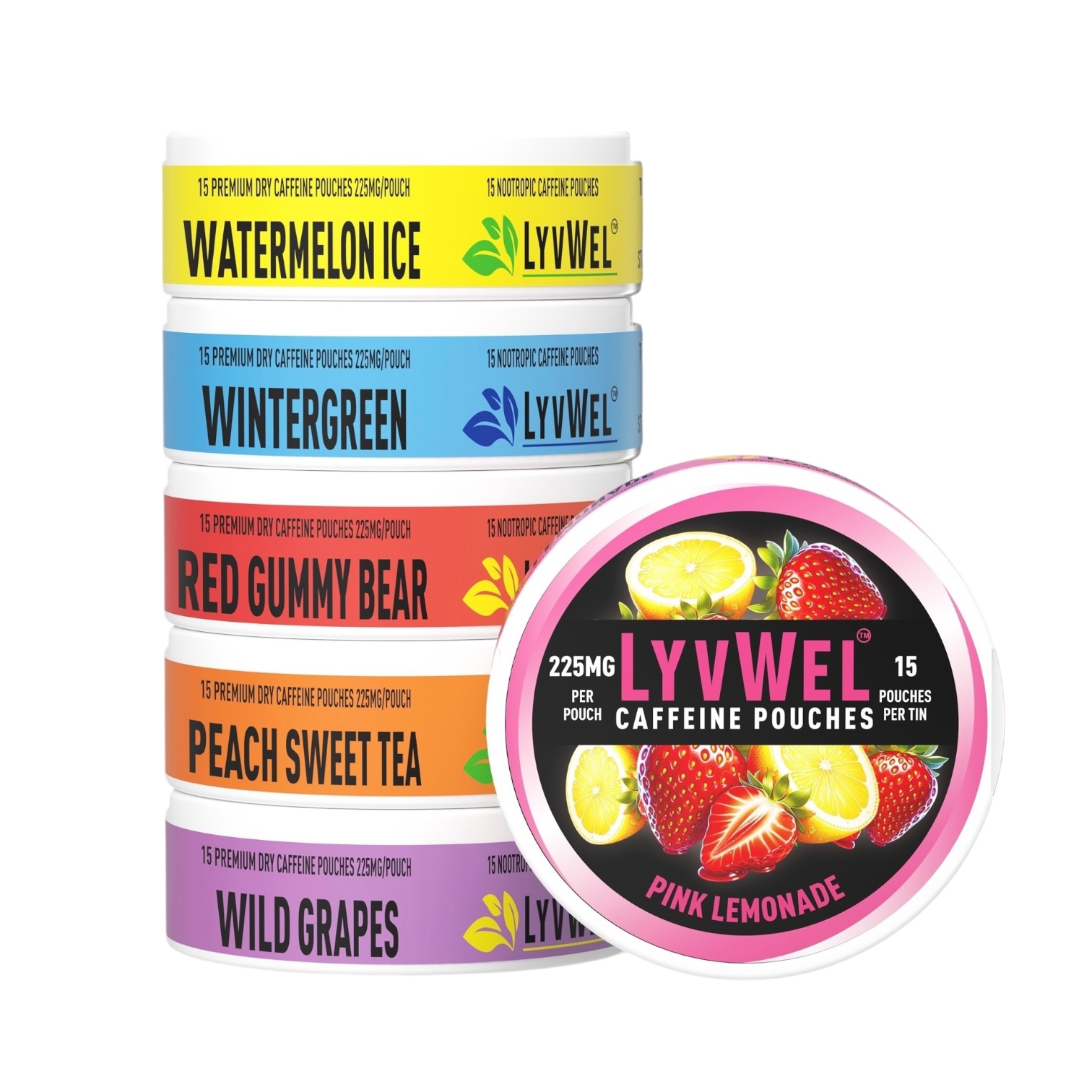 225mg Variety Pack 6 Jars Watermelon, Peach, Red Gummy, Wintergreen, Grape, Pink Lemonade Caffeine Pouches