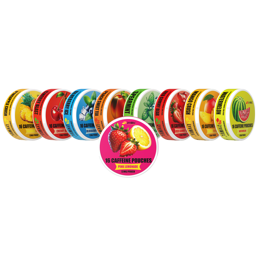 72mg – 9 Jar Variety Pink lemonade, Mango, Peach, Blueberry, Cherry, Red Gummy, Pineapple, Watermelon Caffeine Pouches